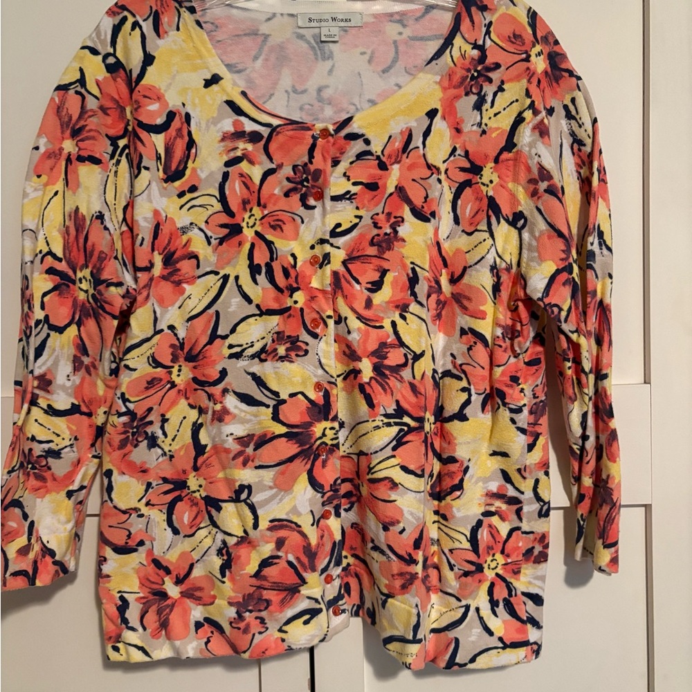 Studio Works Women's Floral Cardigan - Red, Yellow, Black